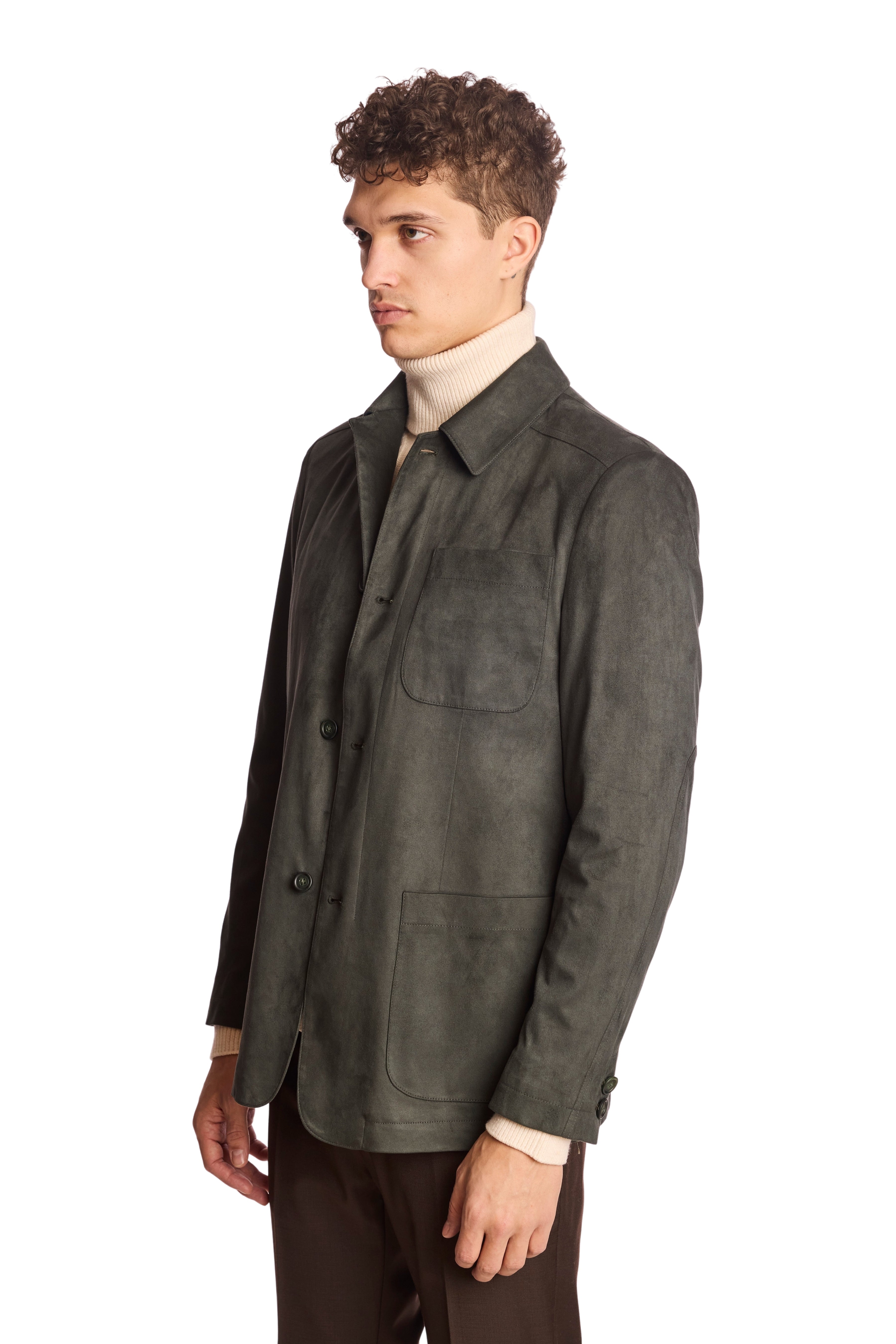 New City Button Up Jacket - Dark Green Microsuede