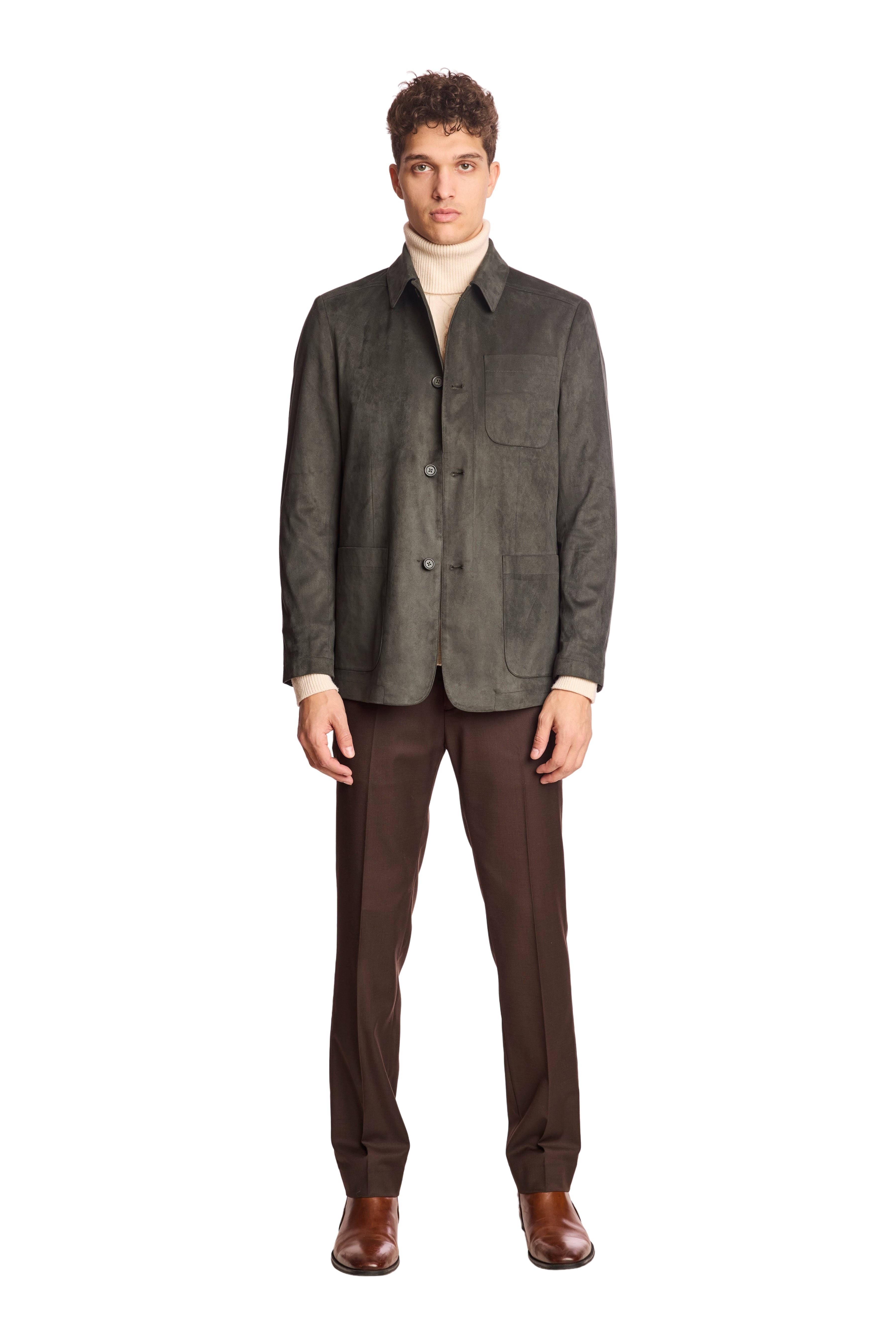 New City Button Up Jacket - Dark Green Microsuede