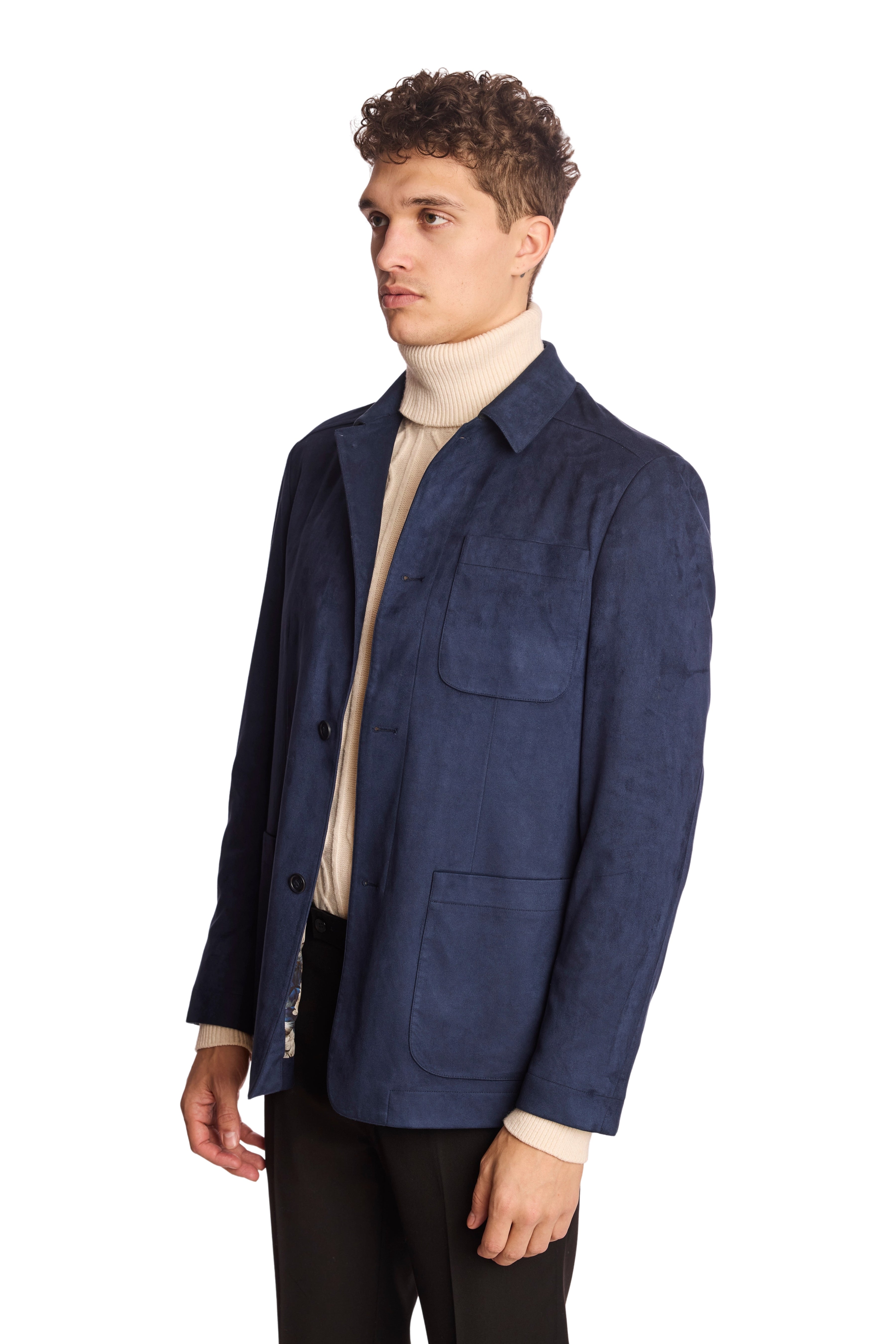 New City Button Up Jacket - Navy Blue Microsuede
