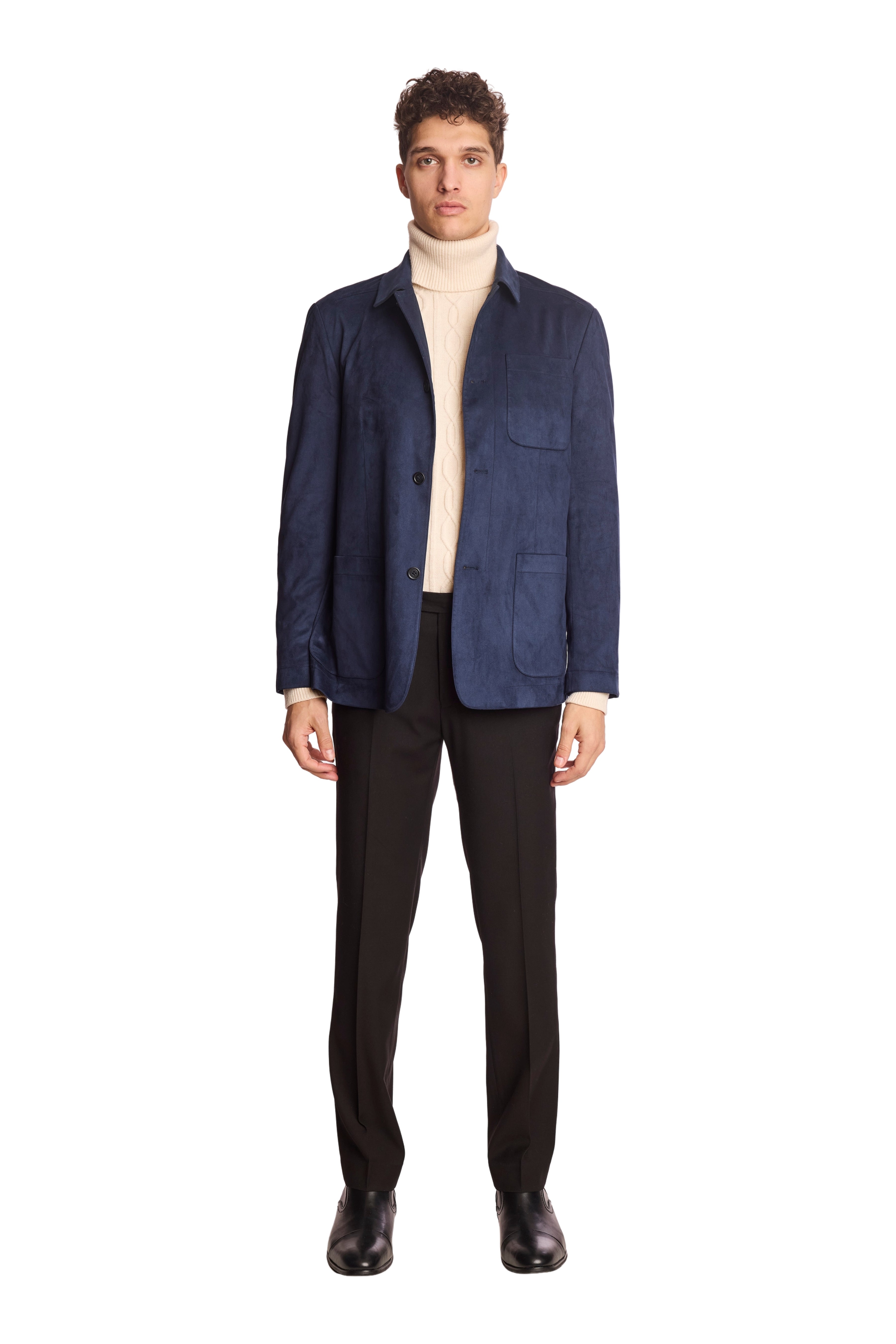 New City Button Up Jacket - Navy Blue Microsuede