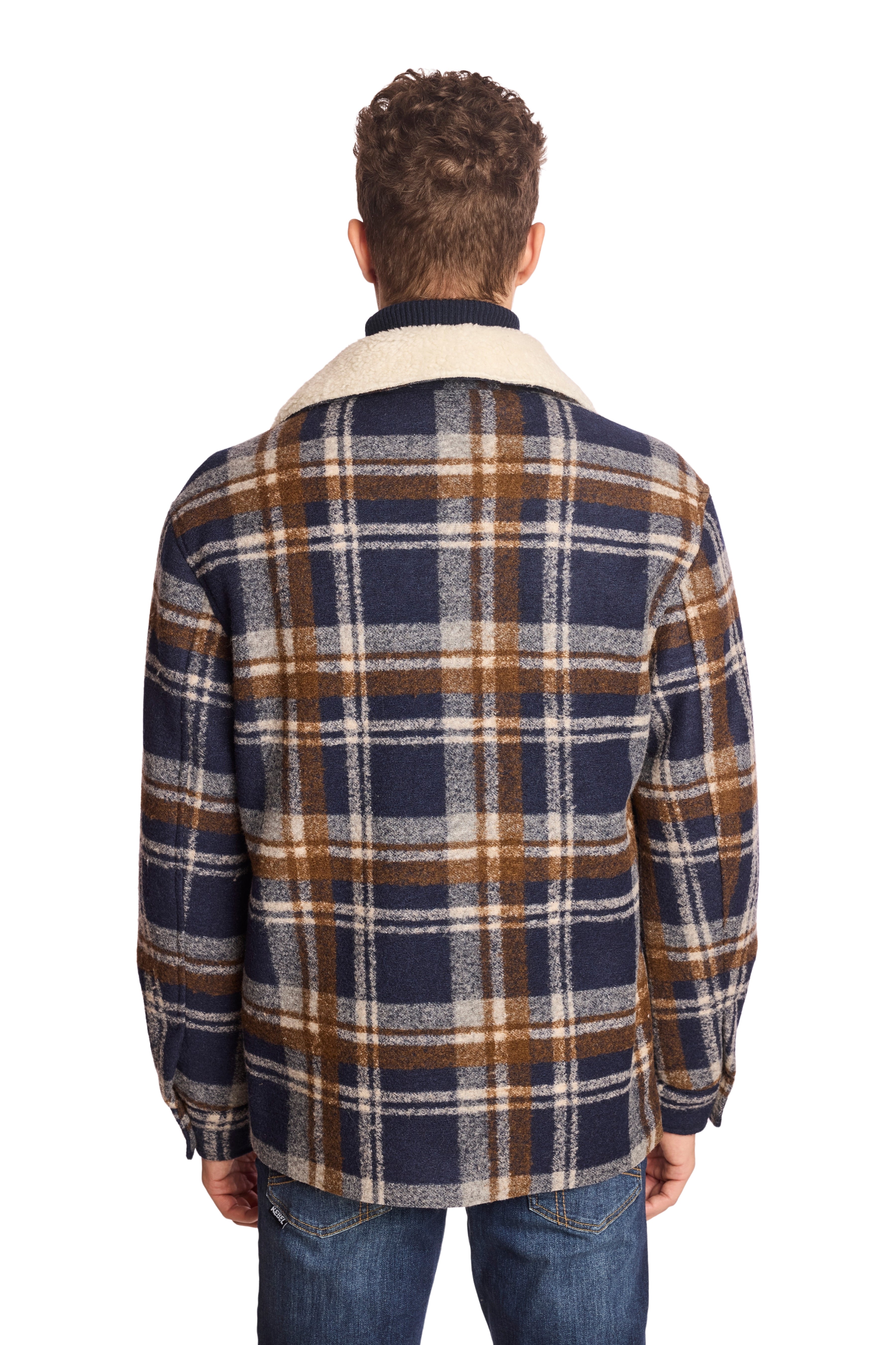 Barn Coat with Raw Edges - Navy Plaid Sherpa