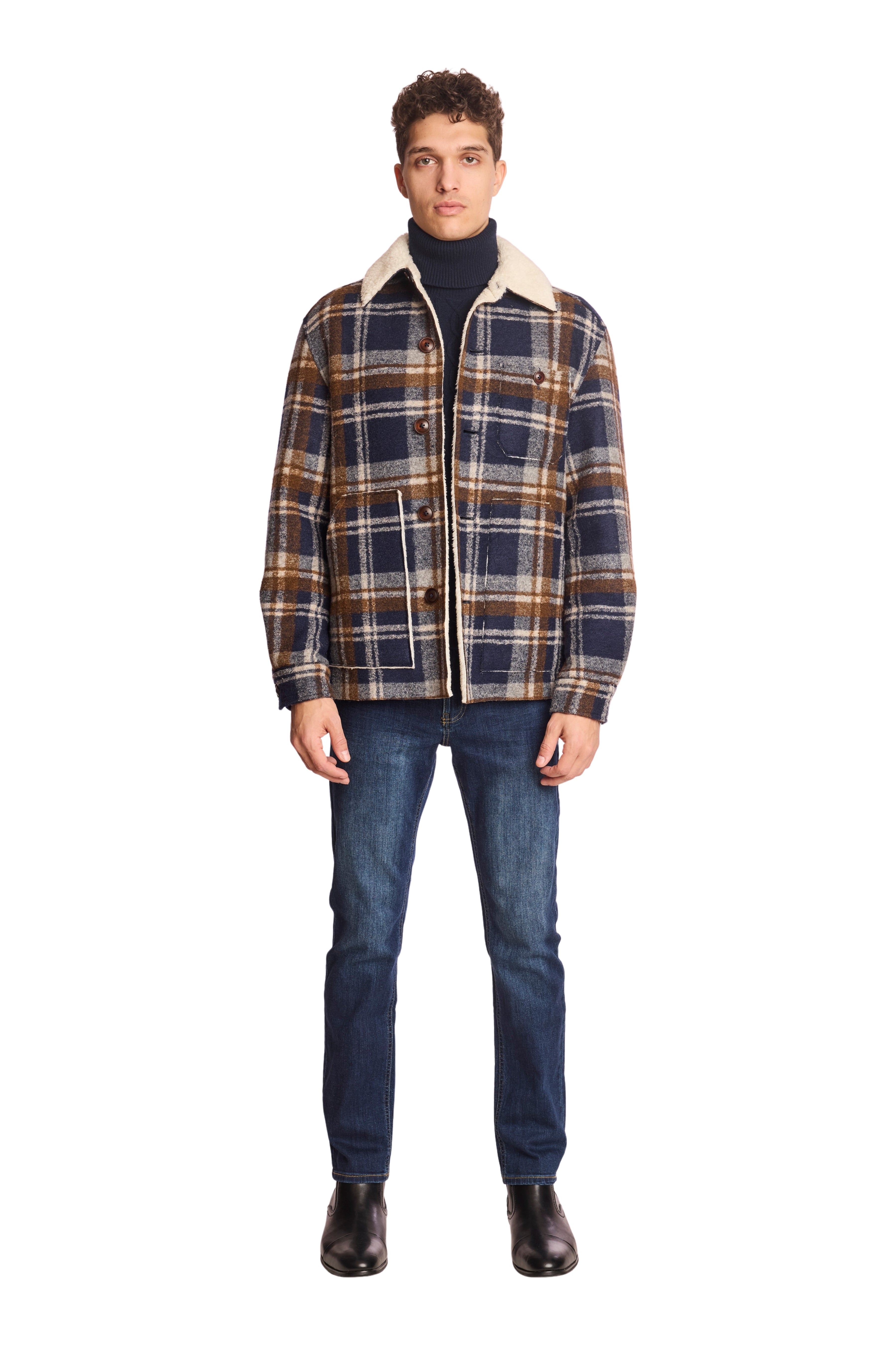 Barn Coat with Raw Edges - Navy Plaid Sherpa