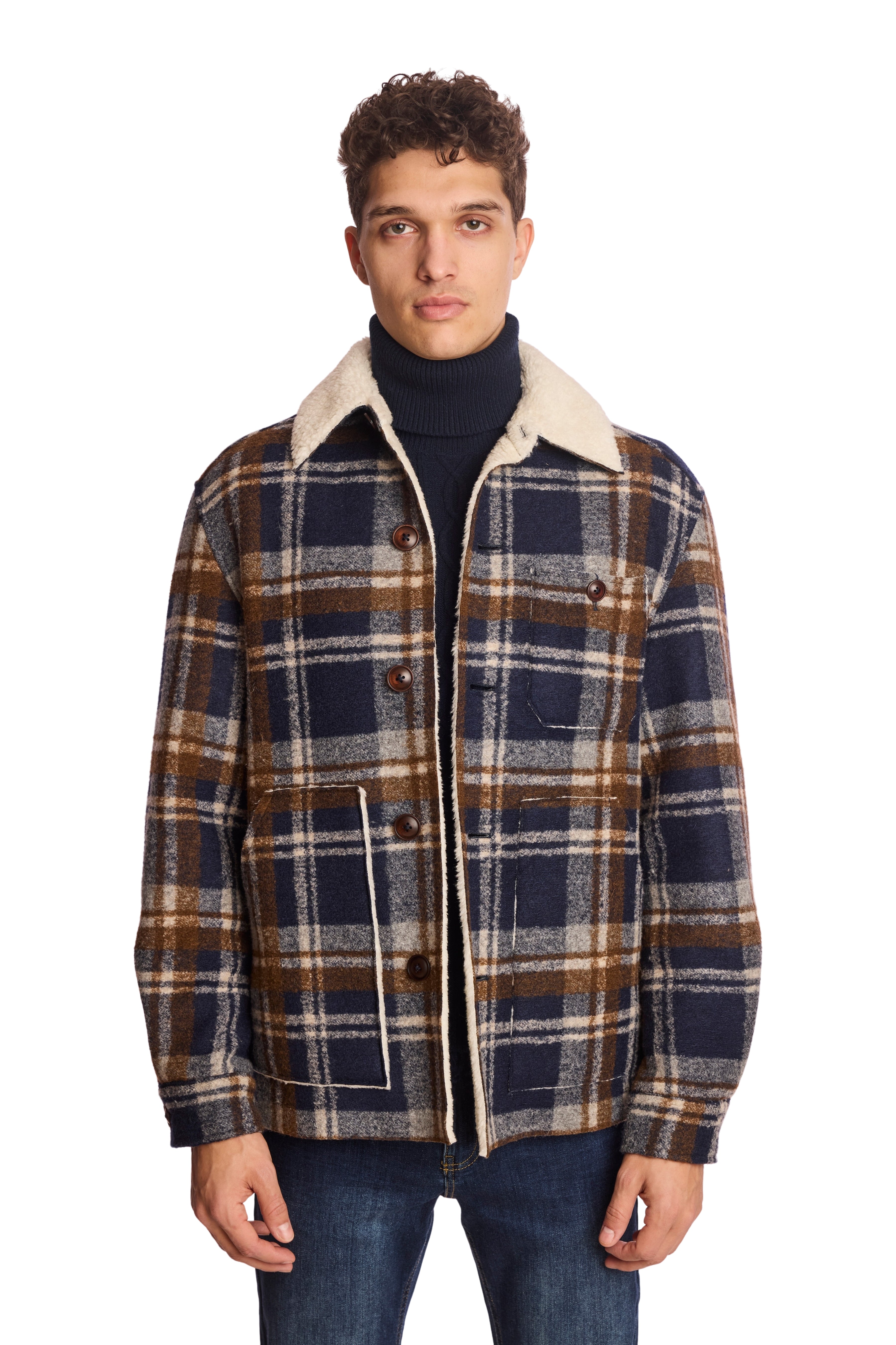 Barn Coat with Raw Edges - Navy Plaid Sherpa