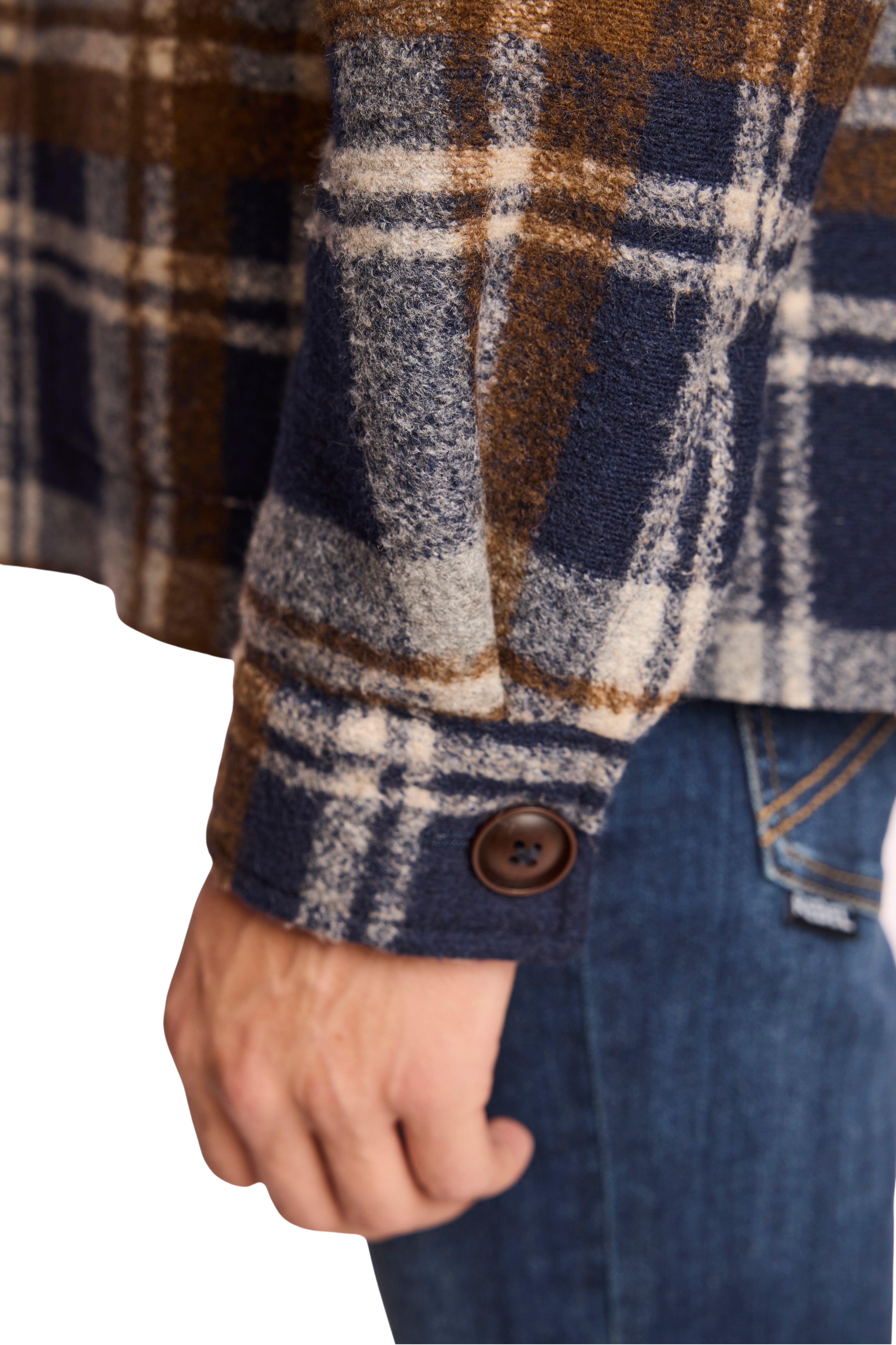 Barn Coat with Raw Edges - Navy Plaid Sherpa