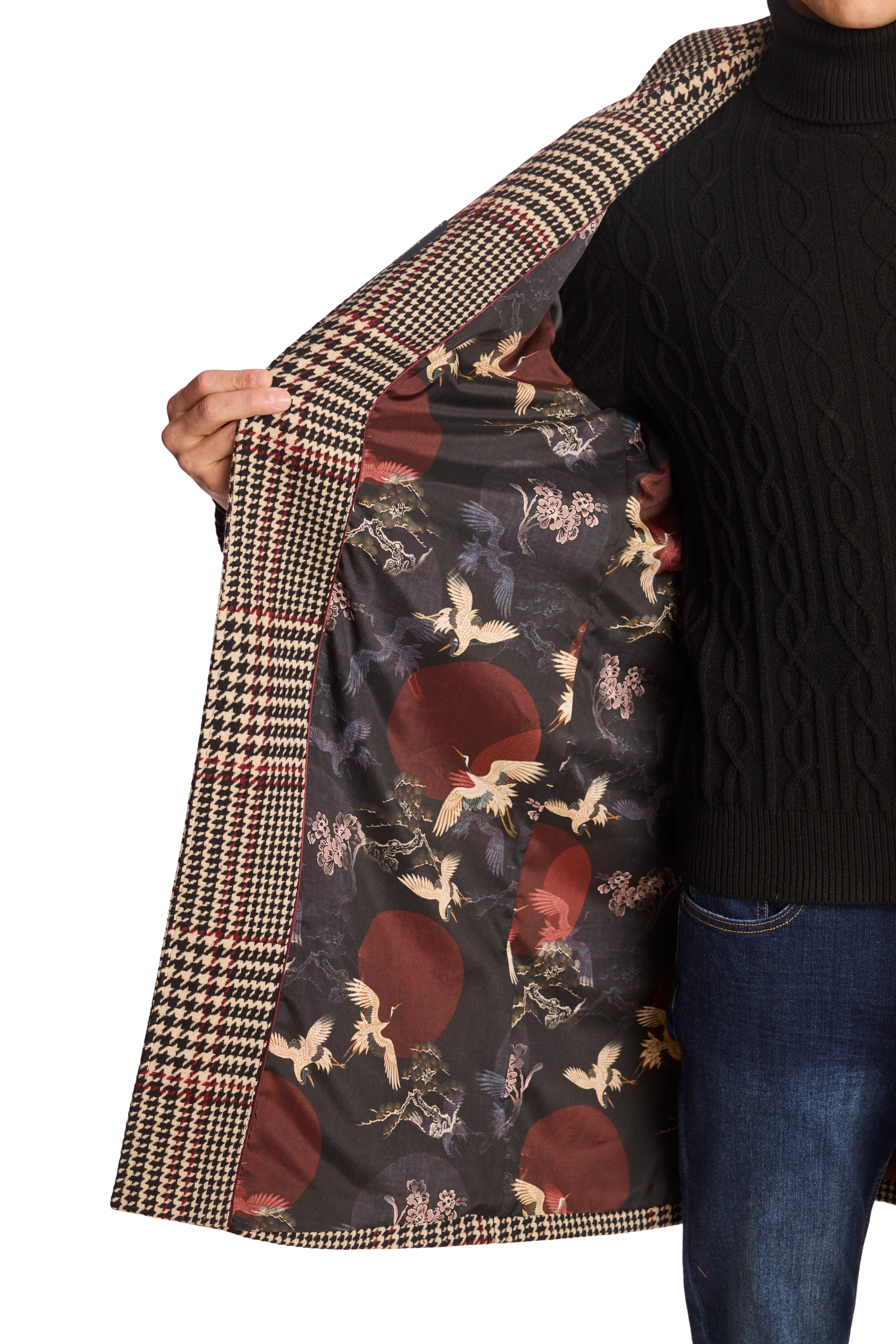 Slash Pocket Overcoat - Black Tan Red Houndstooth