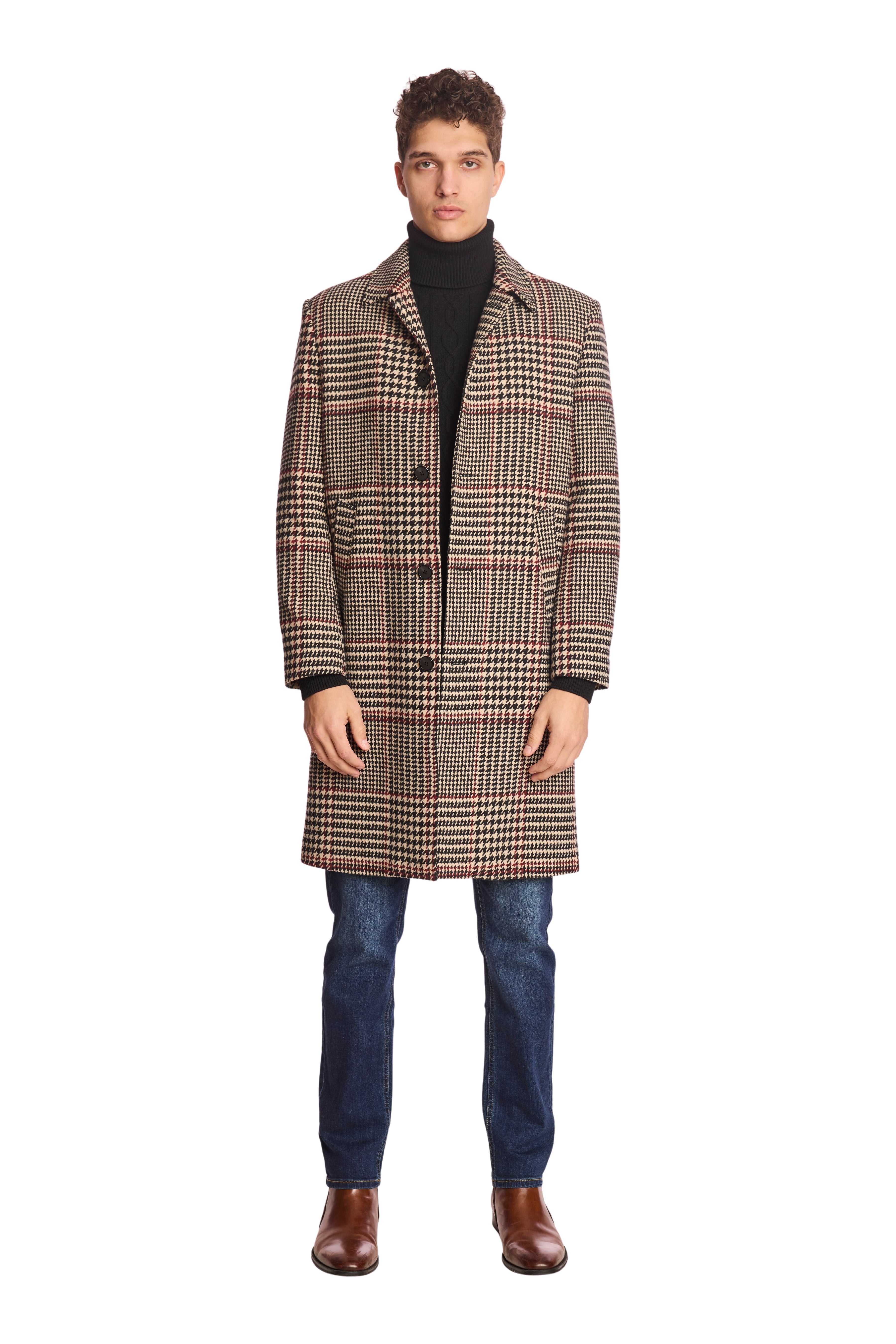 Slash Pocket Overcoat - Black Tan Red Houndstooth