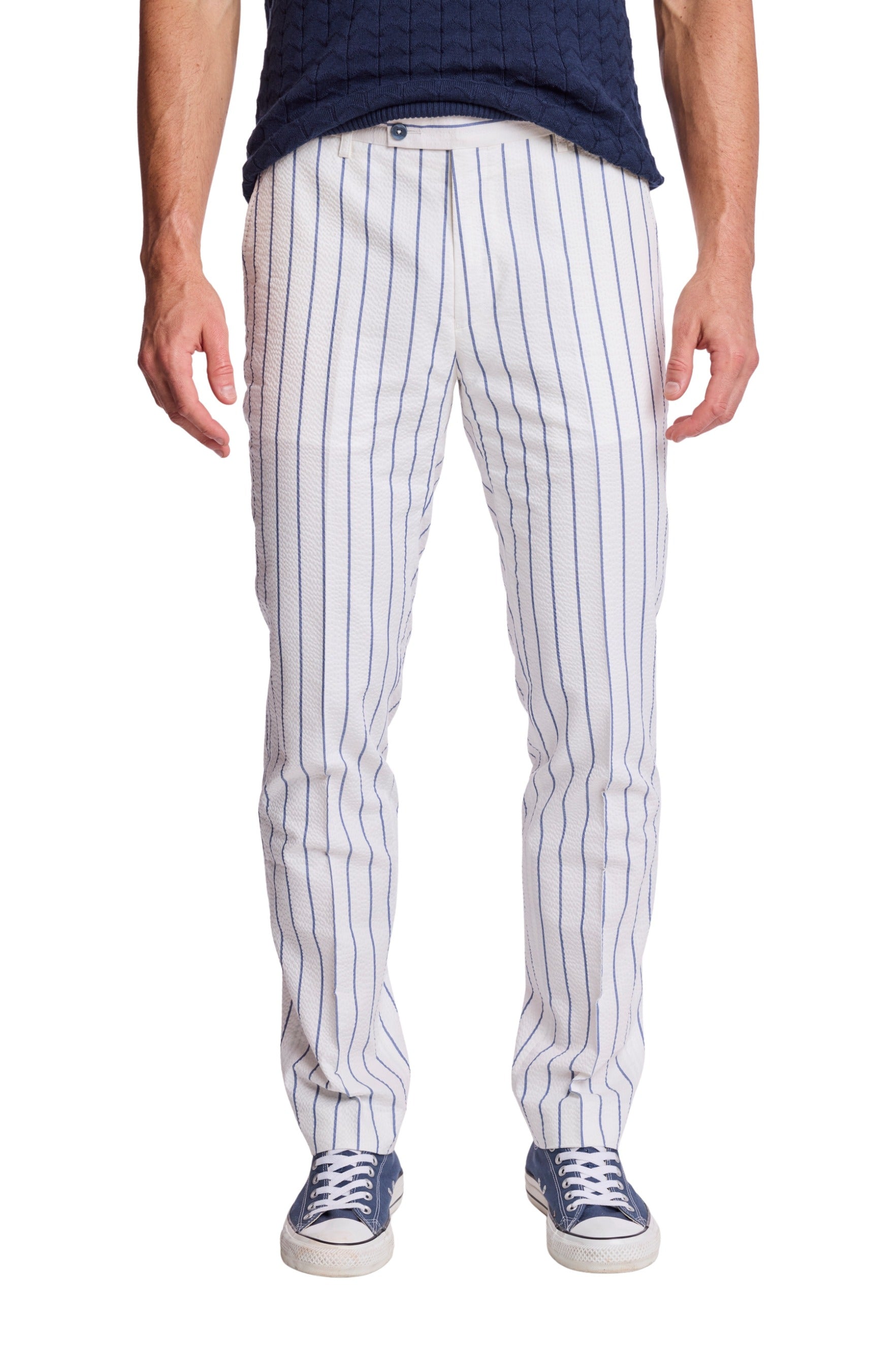 Downing Pants - slim - White Seersucker Blue Stripe