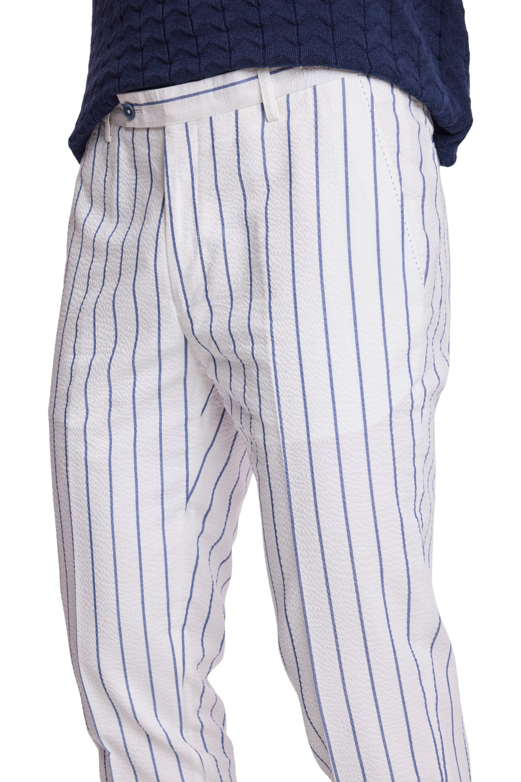 Downing Pants - slim - White Seersucker Blue Stripe