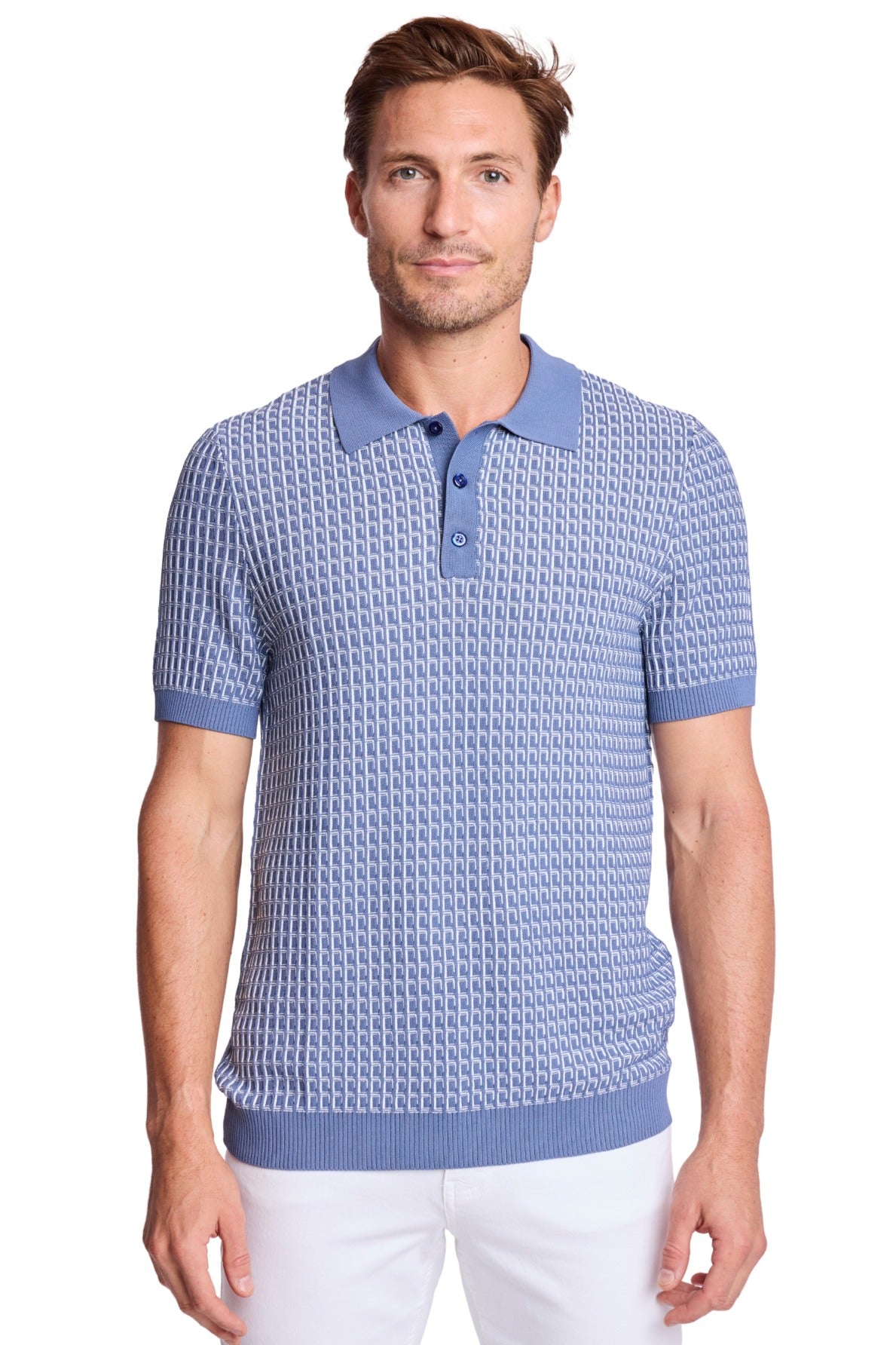 3 Button Polo - Dusty Blue & White