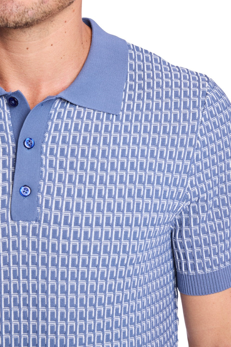 3 Button Polo - Dusty Blue & White