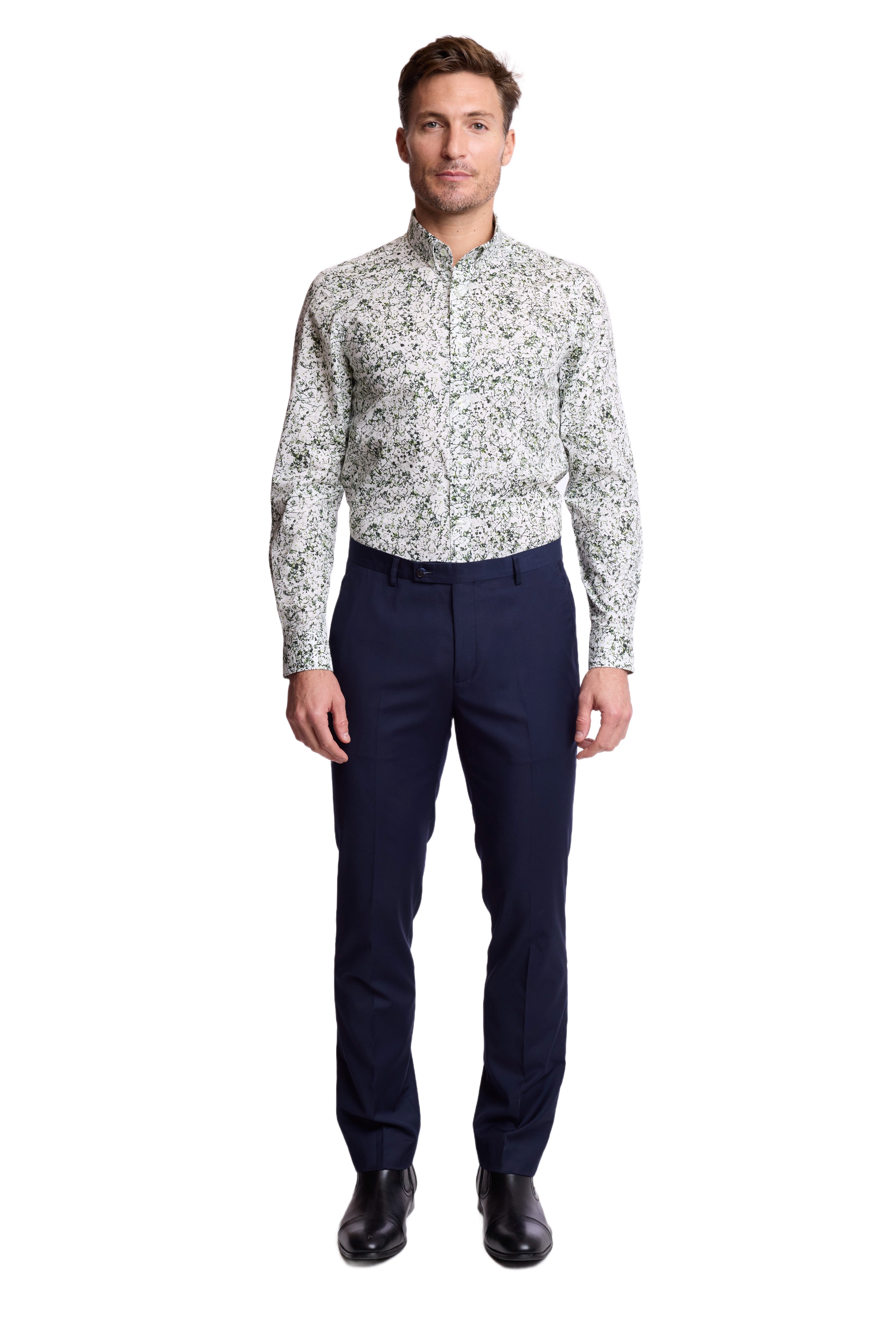 Brian Button Down Collar Shirt - White Green Abstract