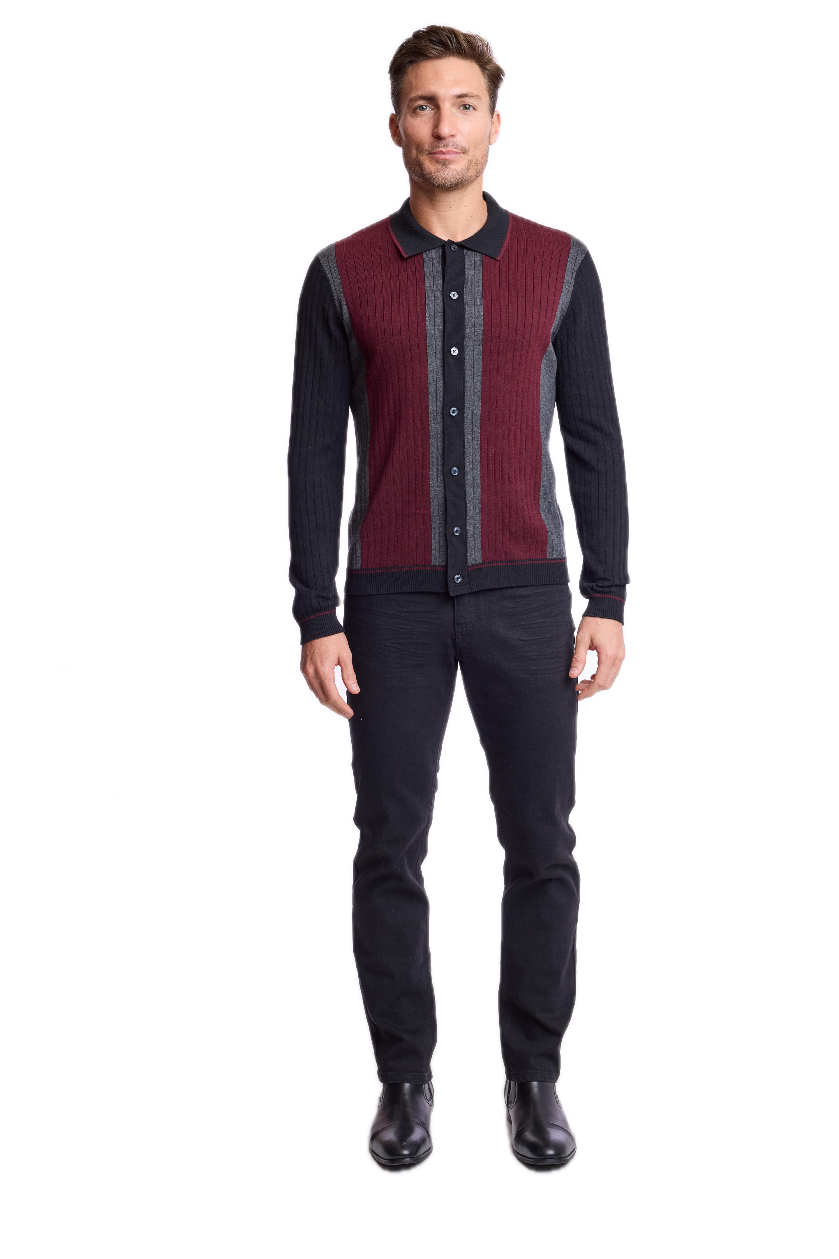 Color Blocked Full Placket Polo - Black Burgundy Charcoal