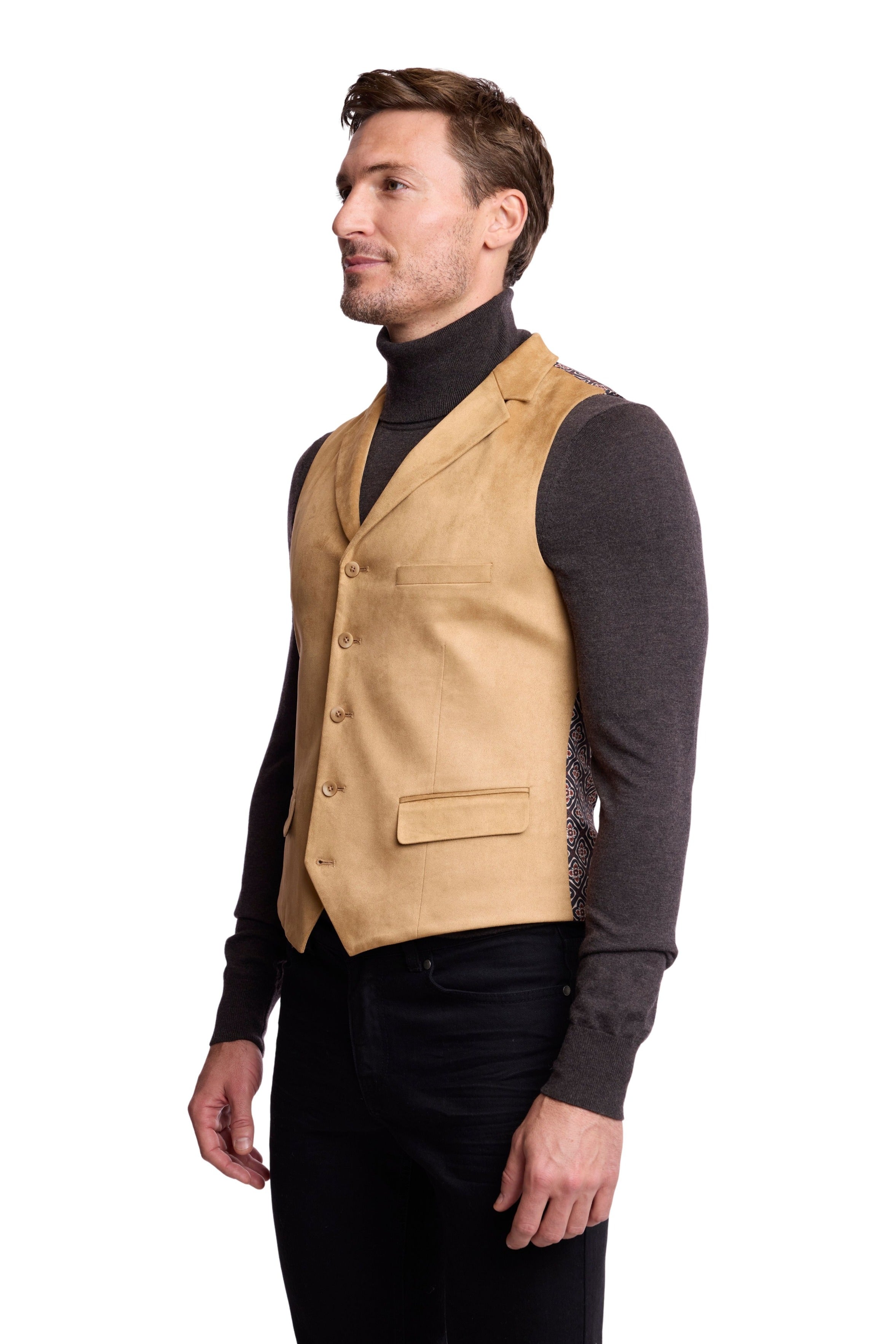 Barnsley 5 Button Vest w/ Collar - slim - Desert Tan Microsuede