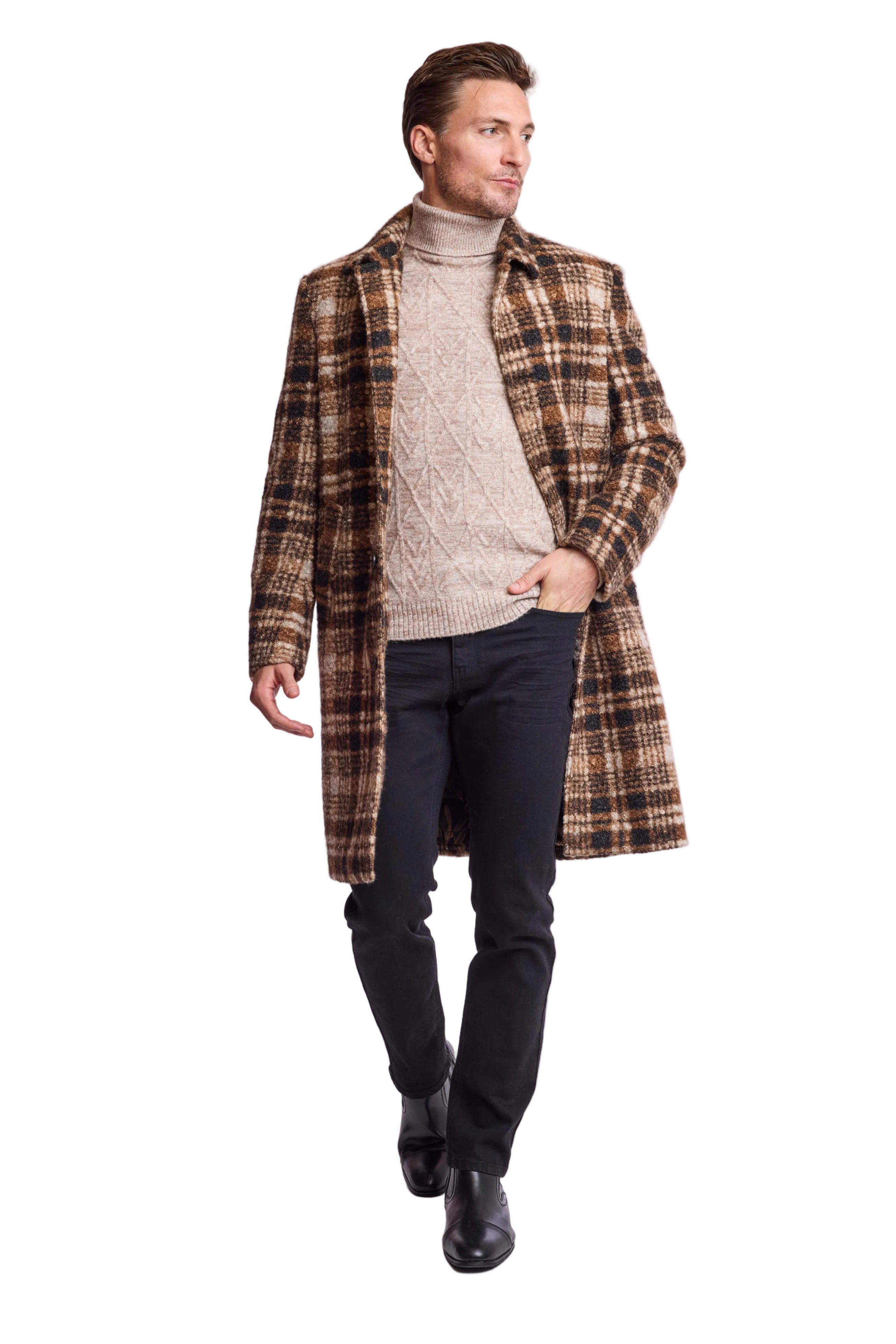 Slash Pocket Overcoat - slim - Chocolate Swirl Check