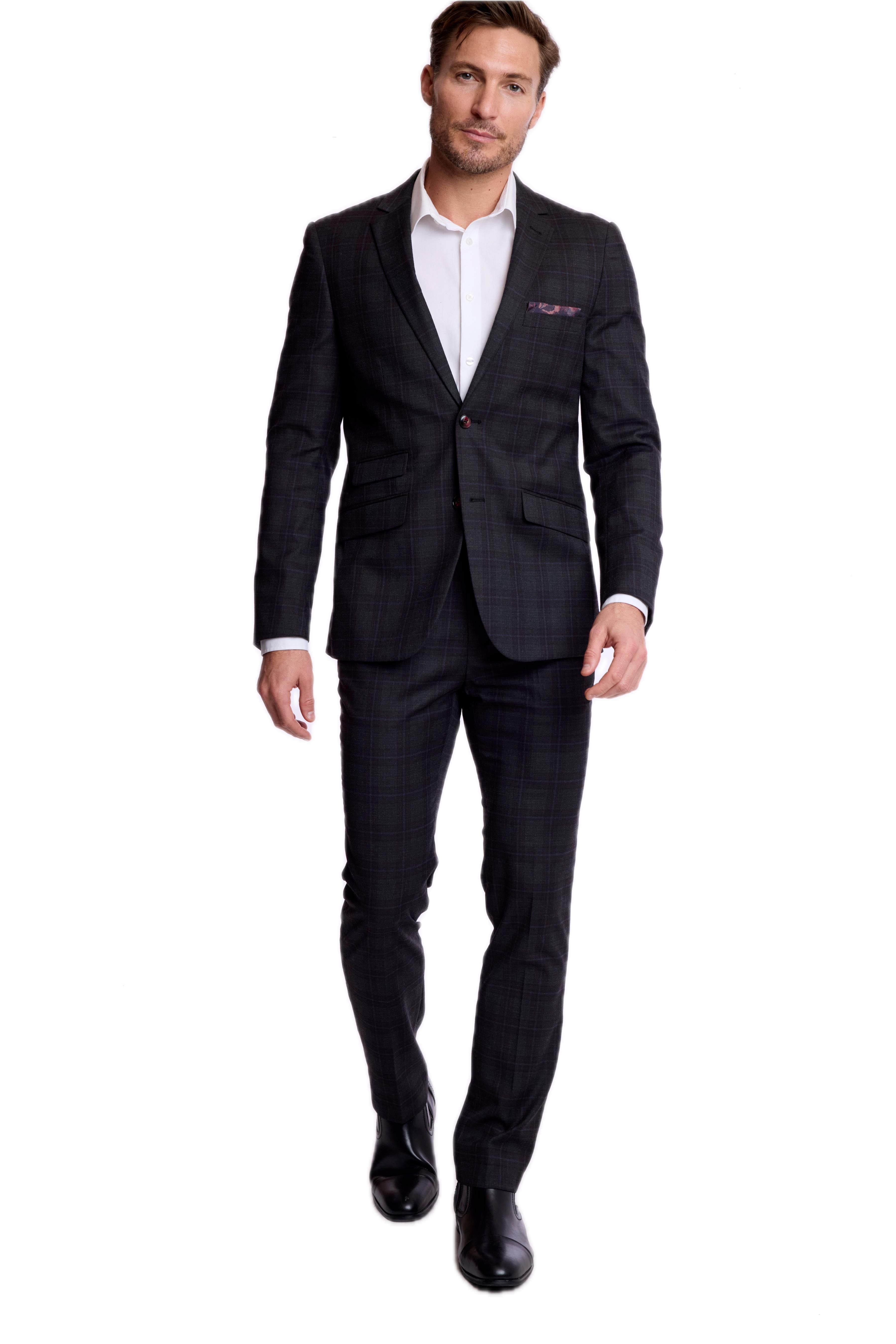 Downing Pants - slim - Charcoal Burgundy Plaid