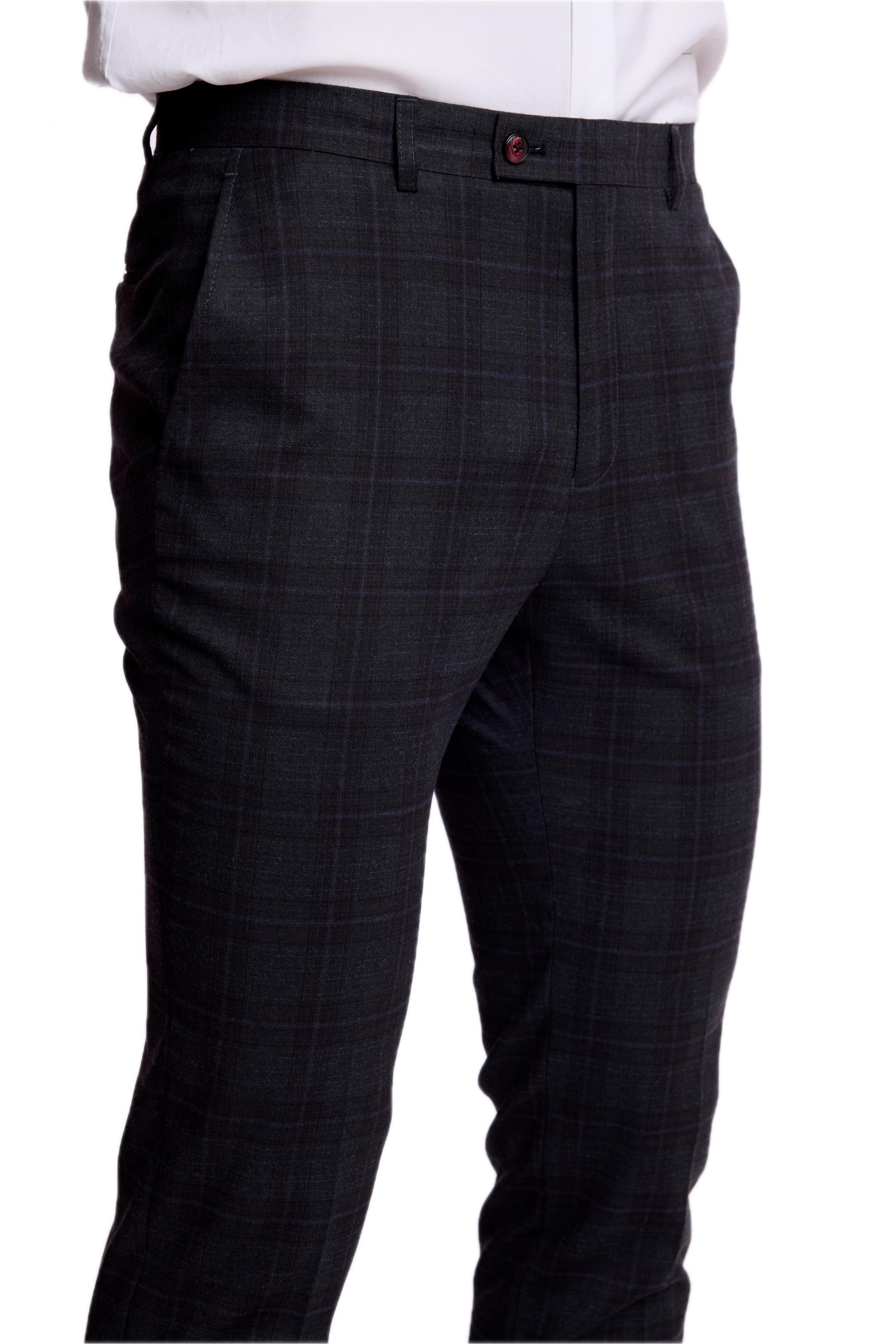 Downing Pants - slim - Charcoal Burgundy Plaid