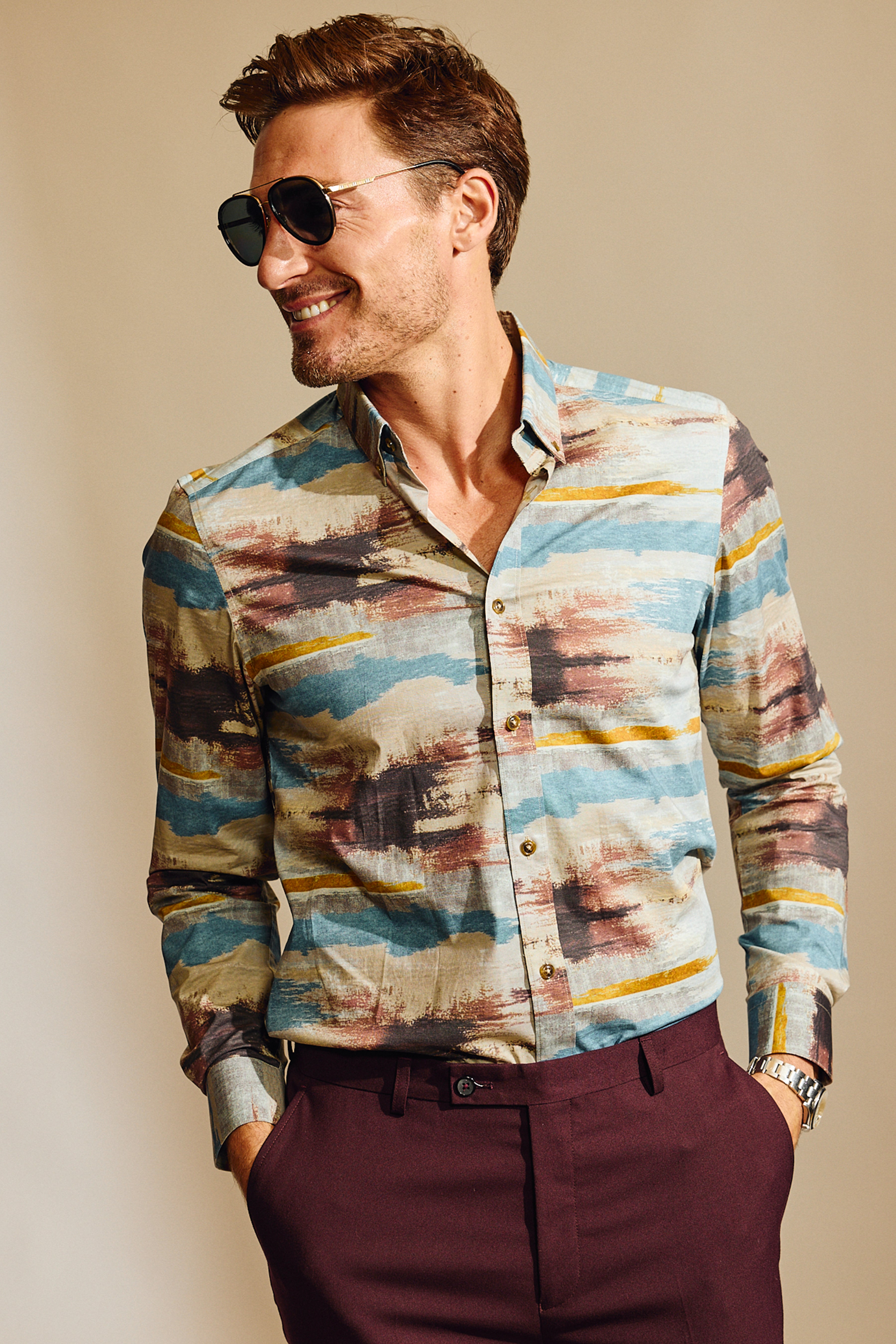 Brian Button Down Shirt - Blue Grey Burgundy Abstract