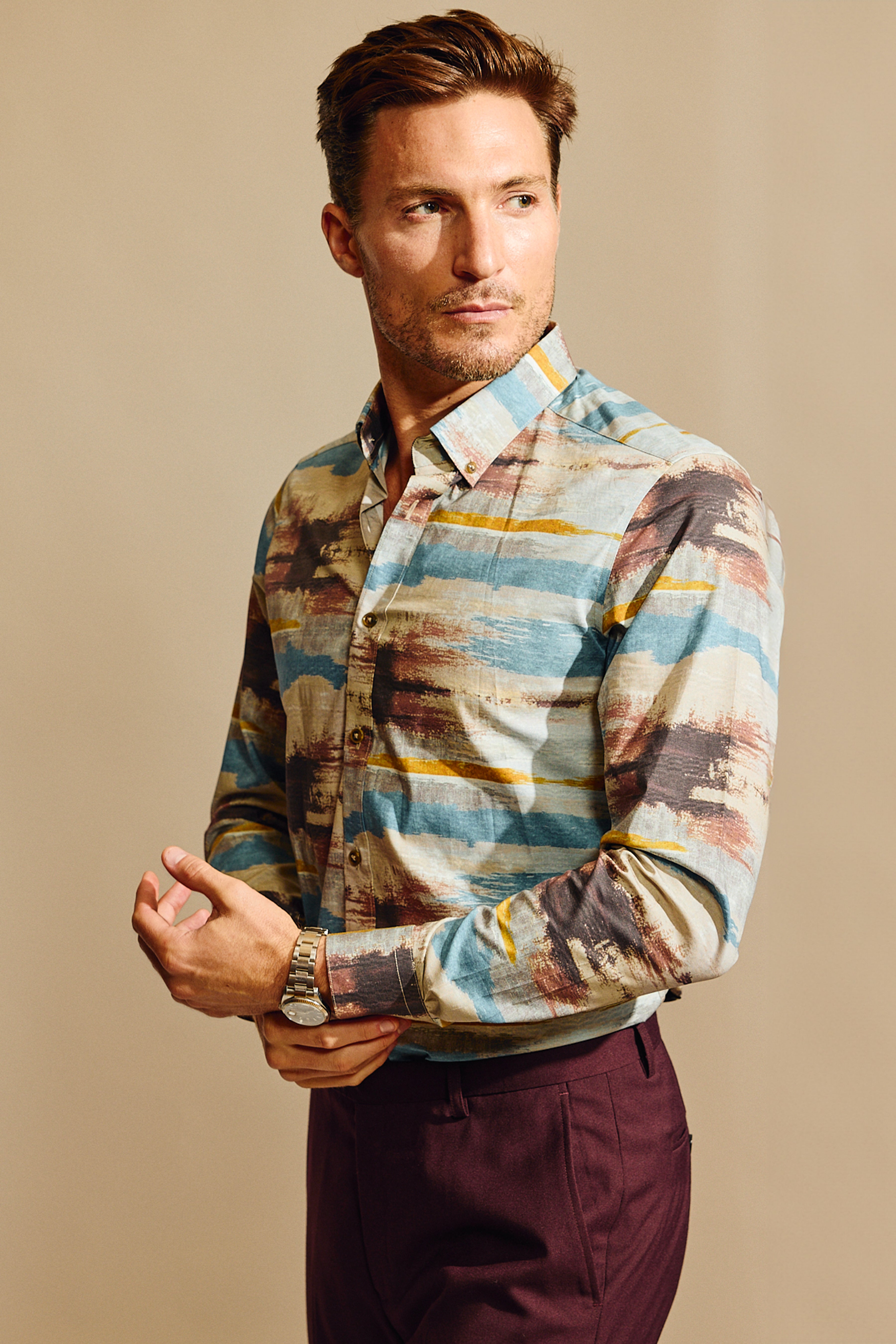 Brian Button Down Shirt - Blue Grey Burgundy Abstract