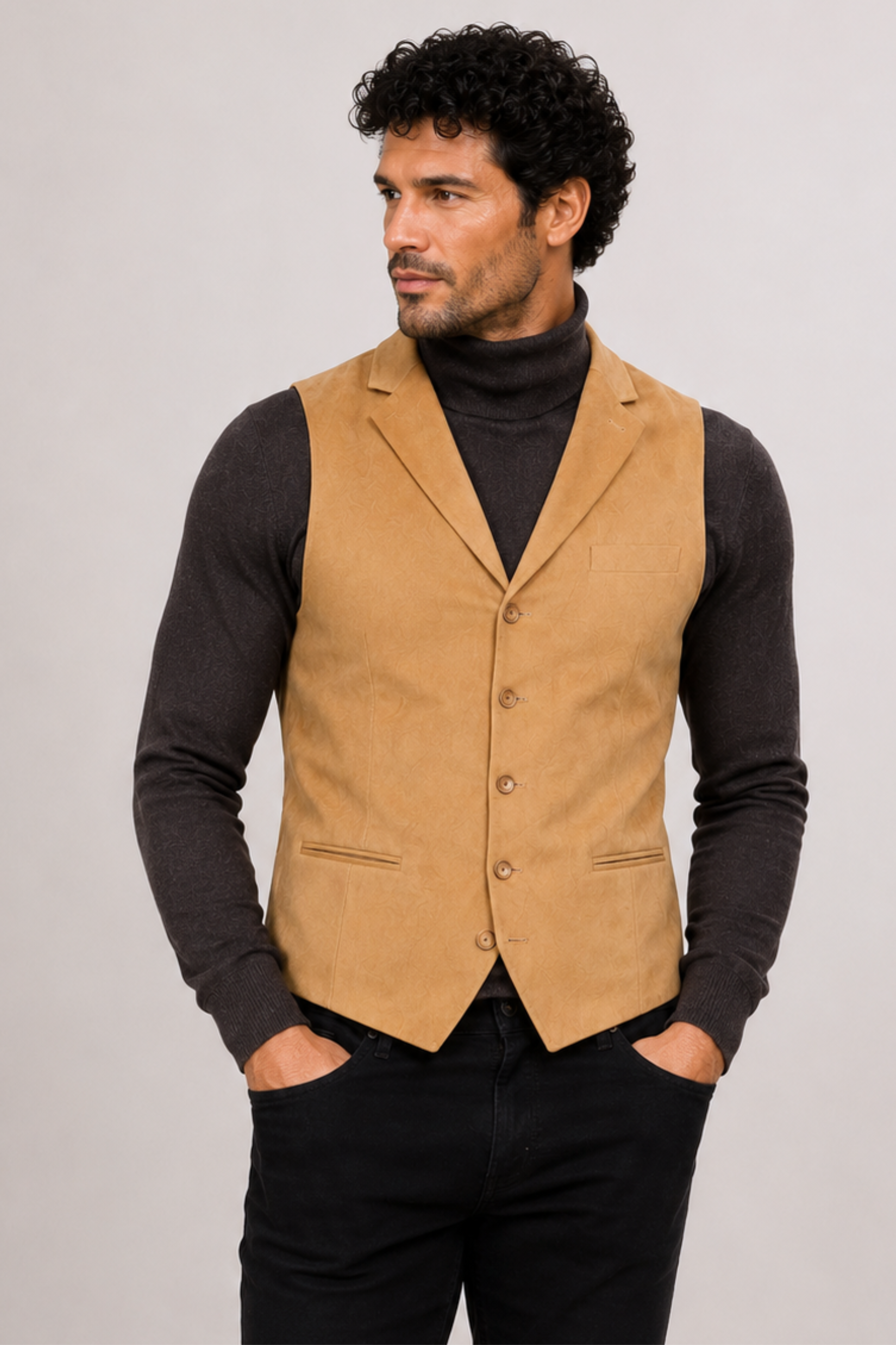 Barnsley 5 Button Vest w/ Collar - slim - Desert Tan Microsuede