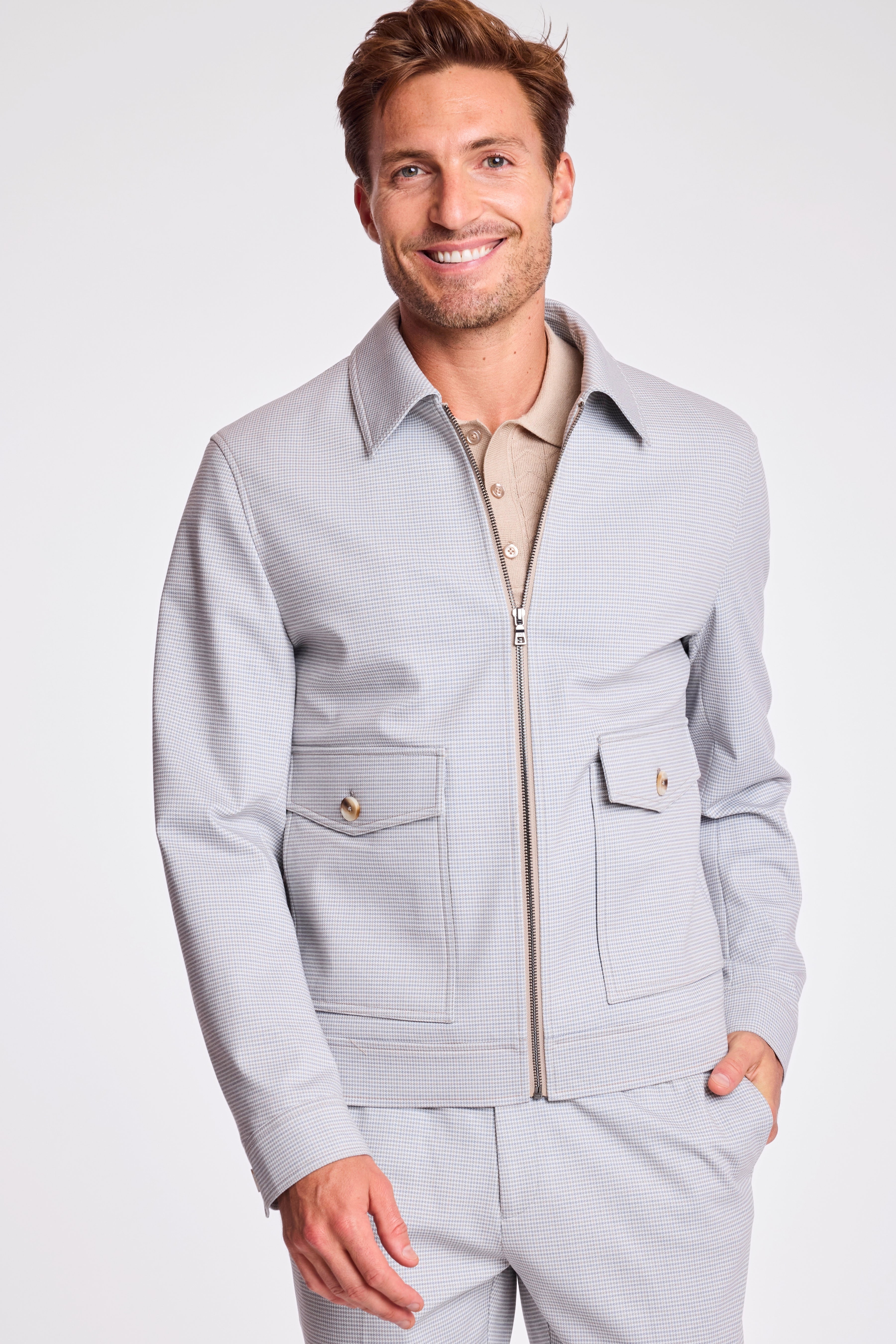 Milo Zip Front Jacket - slim - Steel Puddle Knit Houndstooth