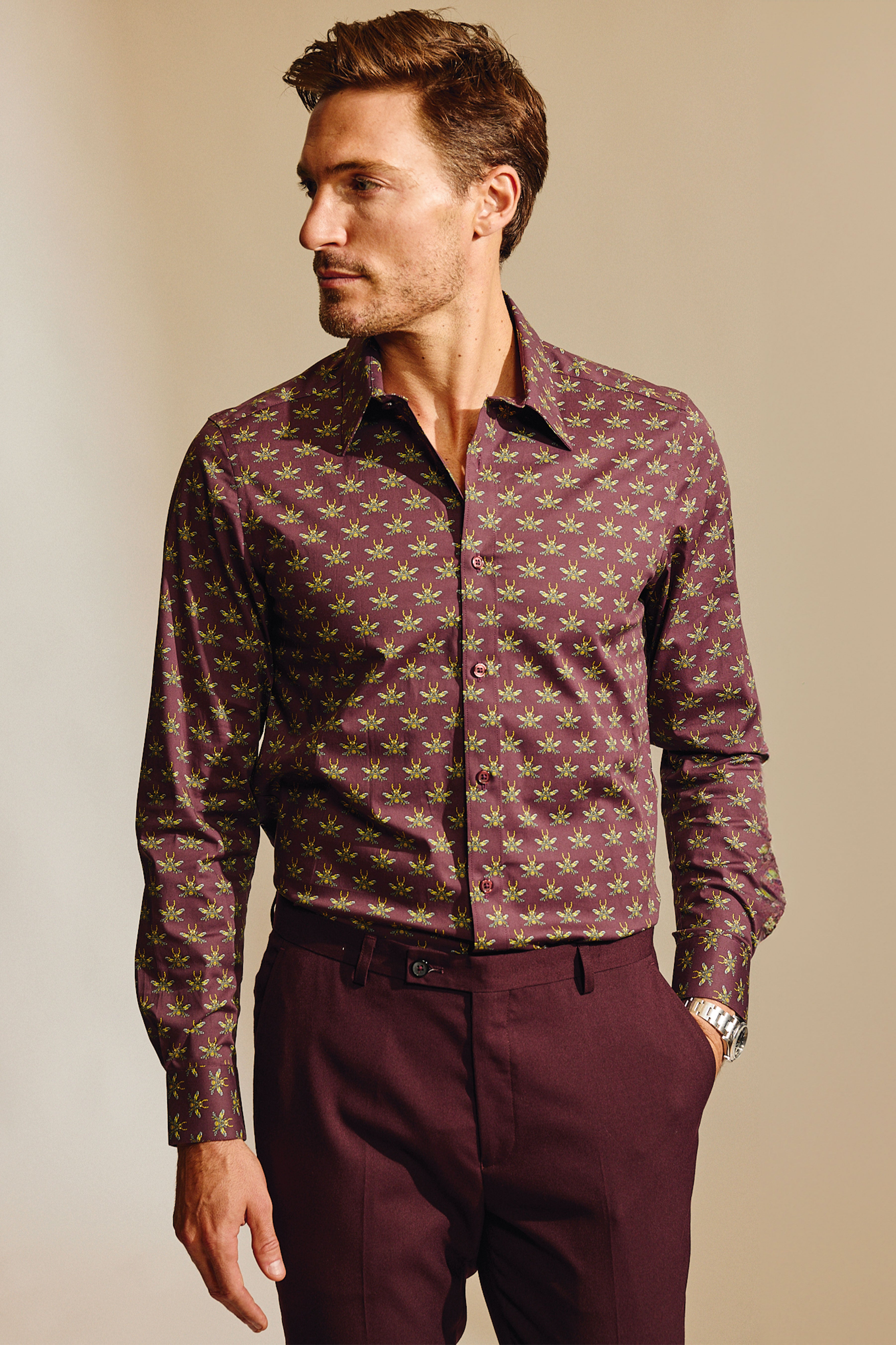 Parker Pointed Collar Shirt - Cherry Lacquer Bees