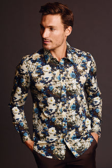  Parker Pointed Collar Shirt - Blue Floral Lion