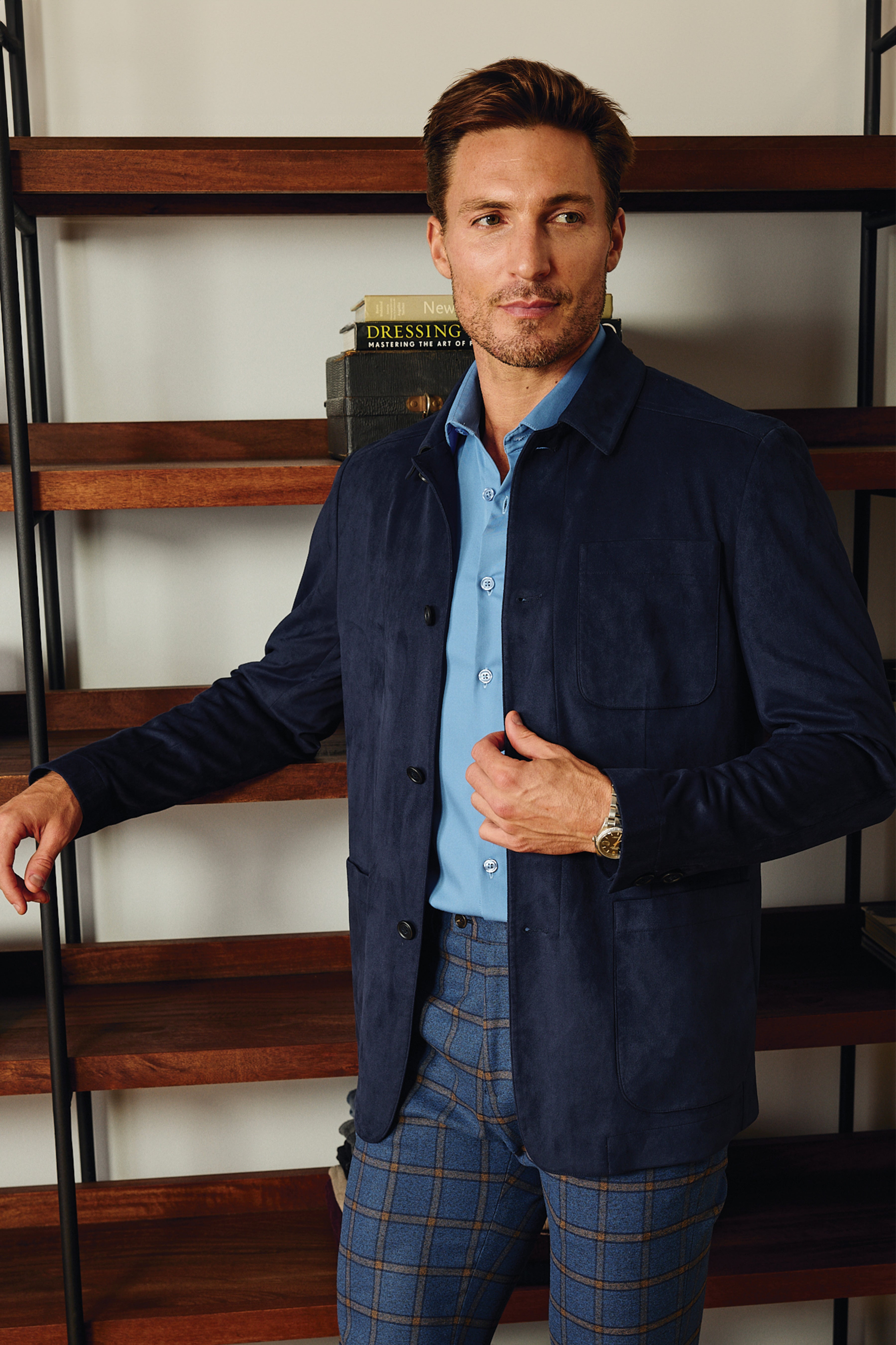 New City Button Up Jacket - Navy Blue Microsuede