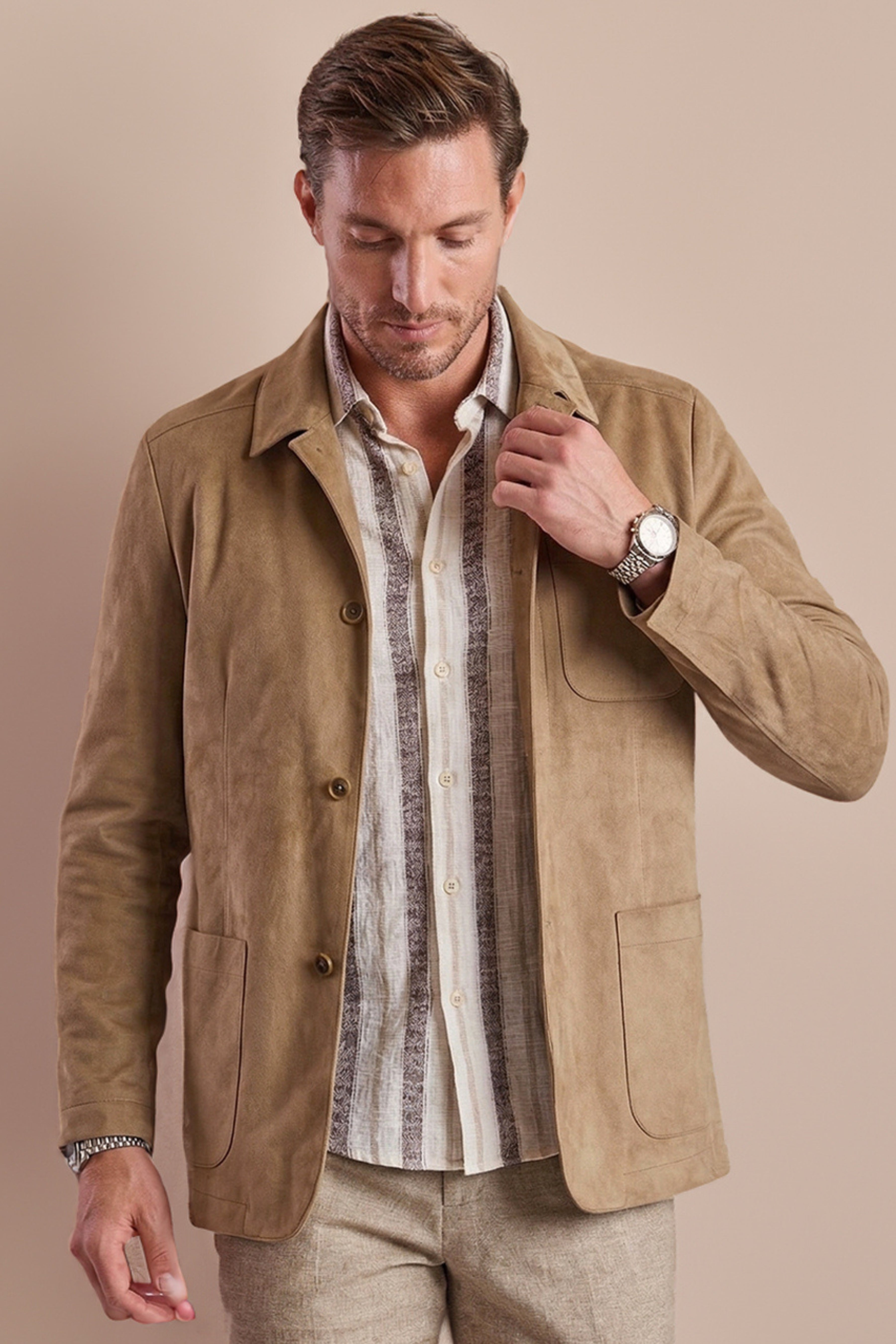 New City Button Up Jacket - Taupe Microsuede