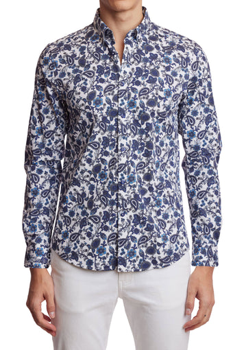 Brian Button Down Shirt - White Indigo Paisley