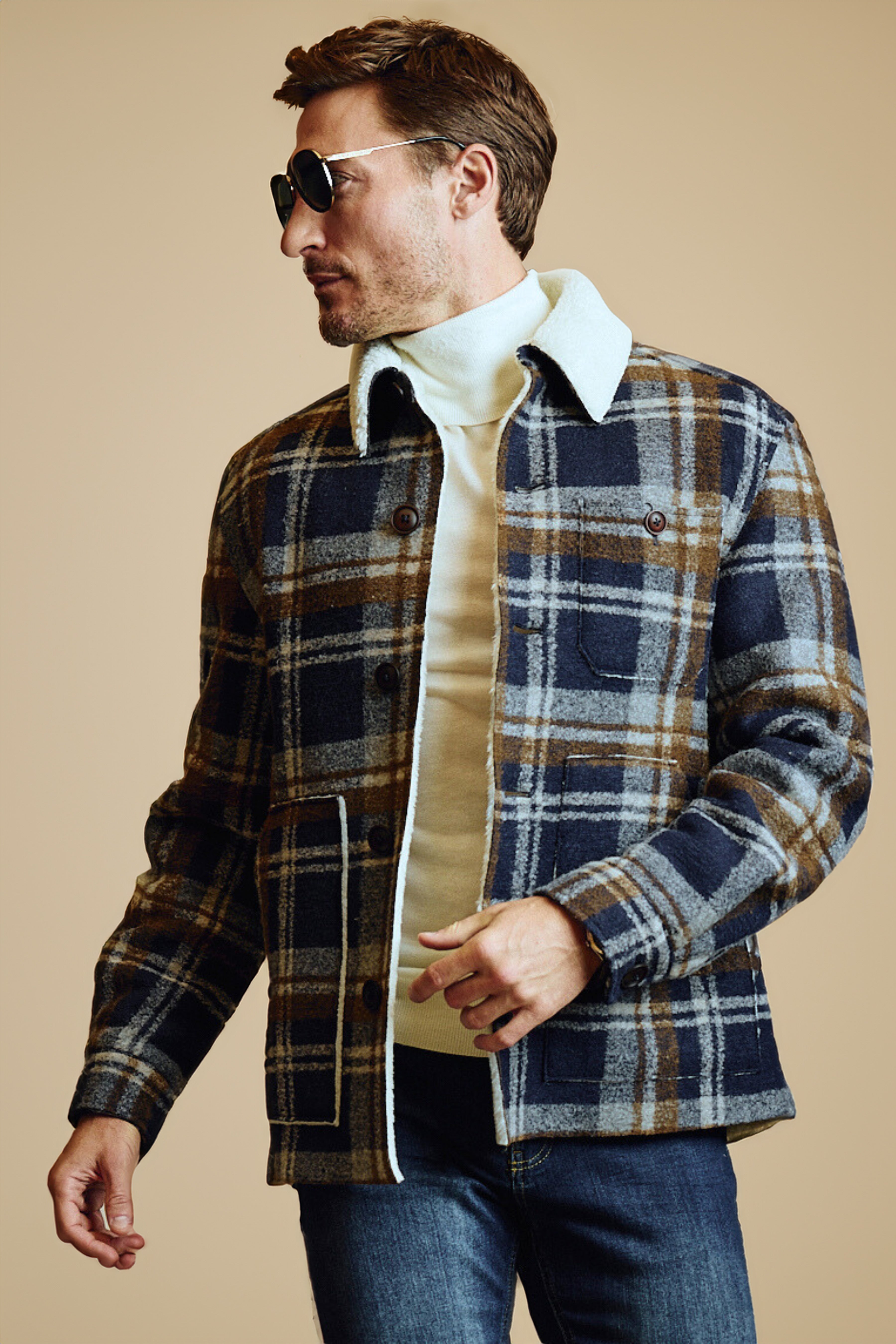 Barn Coat with Raw Edges - Navy Plaid Sherpa