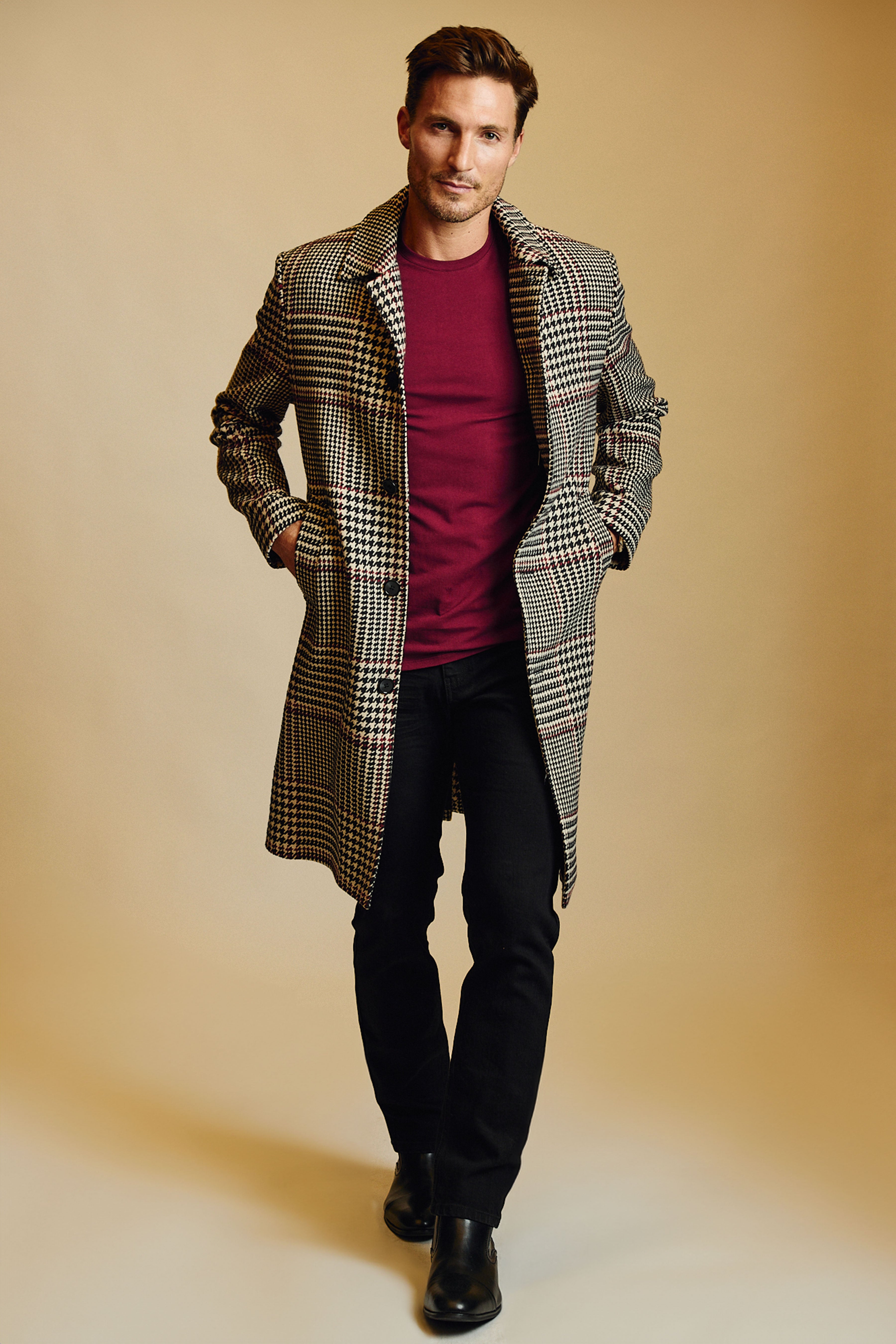 Slash Pocket Overcoat - Black Tan Red Houndstooth